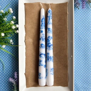 Set of 2 Blue French Toile Taper Candles; Handmade Gift, Housewarming Gift, Wedding Gift, Mother&#39;s Day Gift