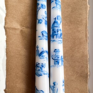 Set of 2 Blue French Toile Taper Candles; Handmade Gift, Housewarming Gift, Wedding Gift, Mother ...