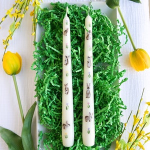Set of 2 Easter Bunnies and Tulips Hand-Painted Taper Candles
