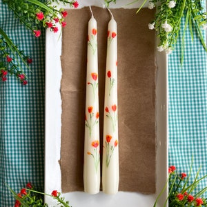 Set of 2 California Poppy Taper Candles; Handmade Gift; Birthday Gift; Housewarming Gift, Mother&#39;s Day Gift