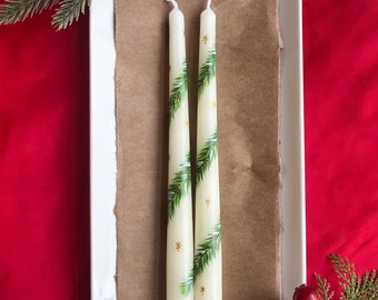 Hand-Painted Christmas Taper Candles: Pine Garland Set of 2
