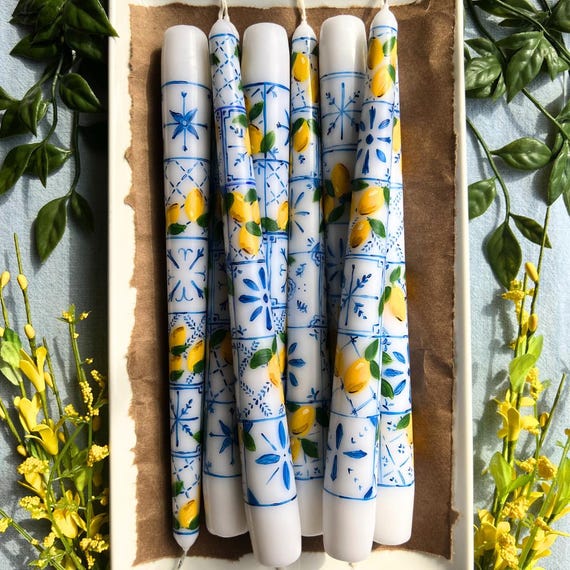 Hand-Painted Amalfi Lemon Taper Candles - Set of 2
