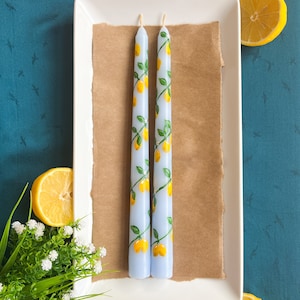 Set of 2 Lemon Tree Hand-Painted Taper Candles; Handmade Gift, Wedding Gift, Housewarming Gift