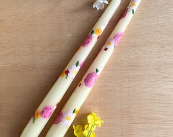 Hand-Painted Flower Garland Taper Candles - Set of 2