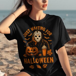 Funny desgin quote just waiting for halloween Pumpkins T-Shirt, Just Waiting For Halloween Skeleton shirt
