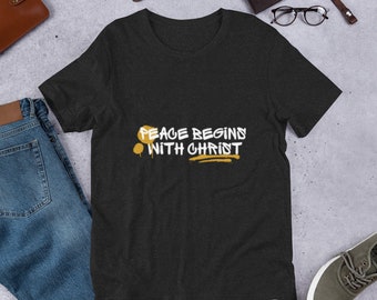 La paz comienza con la camisa de Cristo, Camisa de graffiti, Camisa cristiana, Camisa espiritual, Camisa basada en la fe, Camisa religiosa, Camiseta unisex