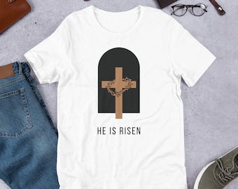 Él es camisa resucitada, camisa cristiana, camisa minimalista, camisa cruzada, camisa de resurrección, camisa religiosa, camisa de las Escrituras, camiseta unisex