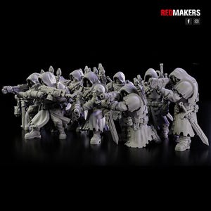 May include: A group of ten gray plastic miniature figures wearing hooded cloaks and holding weapons. The figures are posed in a battle formation.