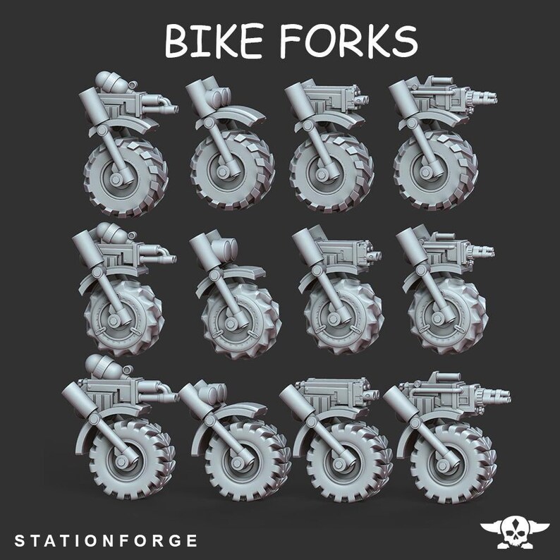 May include: A set of 12 3D printed bike forks for miniature wargaming. The forks are in various poses, with different angles of the handlebars and wheels. The forks are made of a light gray plastic.