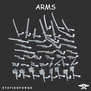 May include: A collection of 3D printed miniature arms for a tabletop game. The arms are posed in various positions and hold different weapons, including swords, pistols, and axes. The arms are printed in a light gray color.