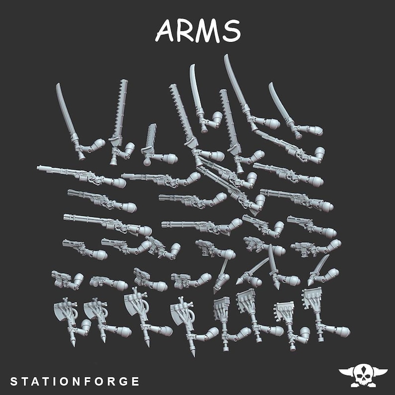 May include: A collection of 3D printed miniature arms for a tabletop game. The arms are posed in various positions and hold different weapons, including swords, pistols, and axes. The arms are printed in a light gray color.