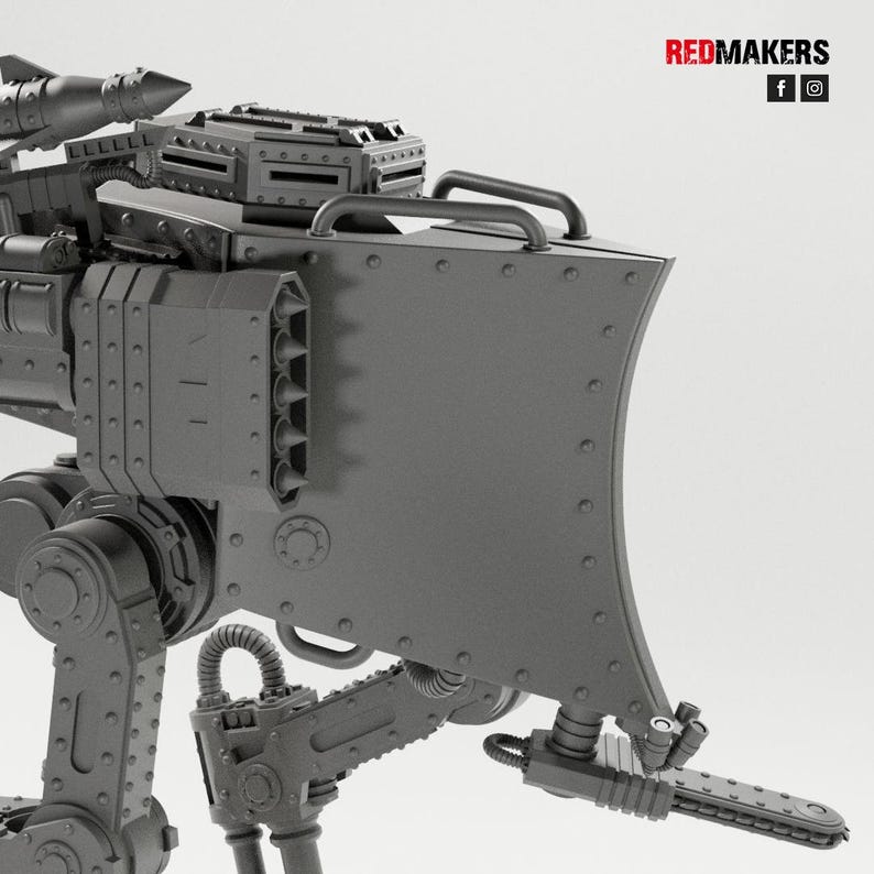 May include: A gray, mechanical war machine with a curved front shield, a missile launcher, and a chainsaw attachment. The design features rivets, vents, and a handle. The Redmakers logo is visible in the top right corner.