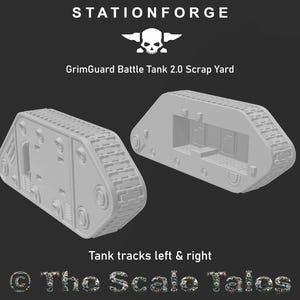 May include: Two gray plastic tank tracks for a GrimGuard Battle Tank 2.0 Scrap Yard model. The tracks are designed to be used with a 3D printed model.