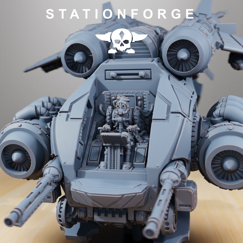 May include: A gray, detailed model of a futuristic aircraft with a pilot figure in the cockpit. The aircraft has multiple engines and a skull and crossbones logo on the top.