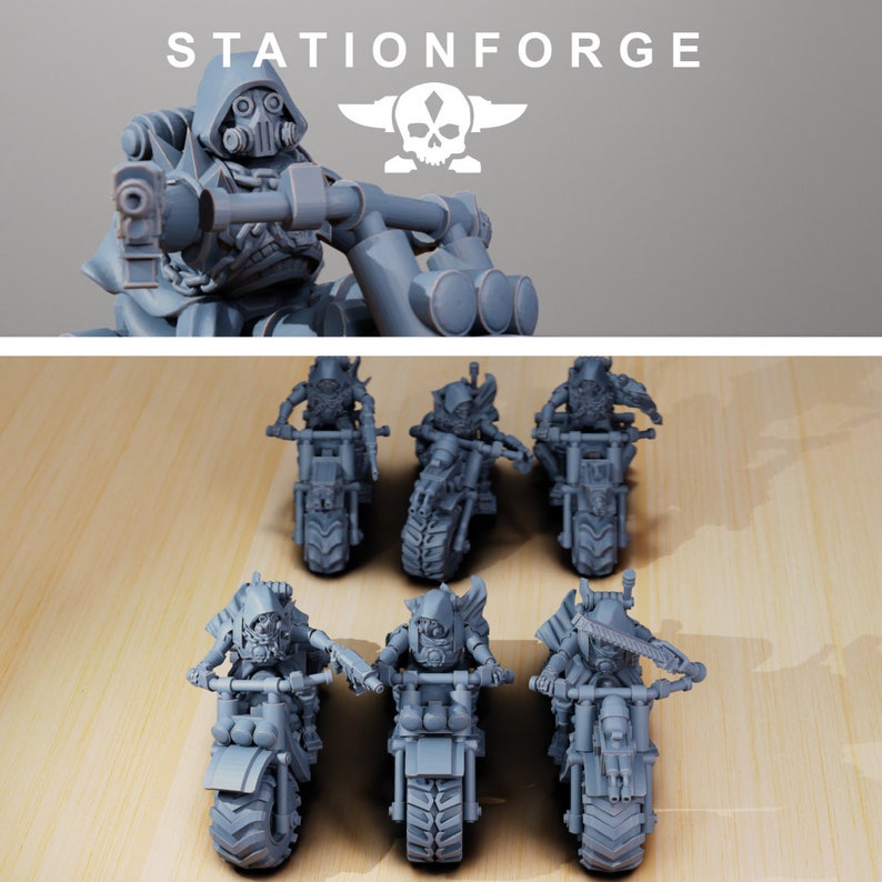 May include: A set of seven gray plastic miniature figures riding motorcycles. The figures are wearing helmets and have weapons. The motorcycles have wheels and handlebars. The figures are all in a row, facing forward. The background is a wooden surface.