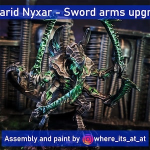 May include: A green and black Xenarids Nyxar miniature with sword arms upgrade. The miniature is posed in a dynamic stance with its sword arms raised. The miniature is painted with a green and black color scheme. The miniature is standing on a base with a green and black color scheme. The miniature is part of a set of miniatures. The miniature is a great addition to any miniature collection.