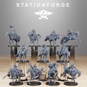 GrimGuard Cavalry | StationForge | 11x 32mm scale 3D prints in ABS resin | 11x Horseback rider characters | Choice of bases