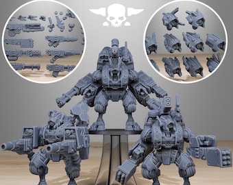 May include: Three gray, plastic, detailed miniature robots with weapons. The robots are standing on a gray surface. The image includes the text "STATIONFORGE".