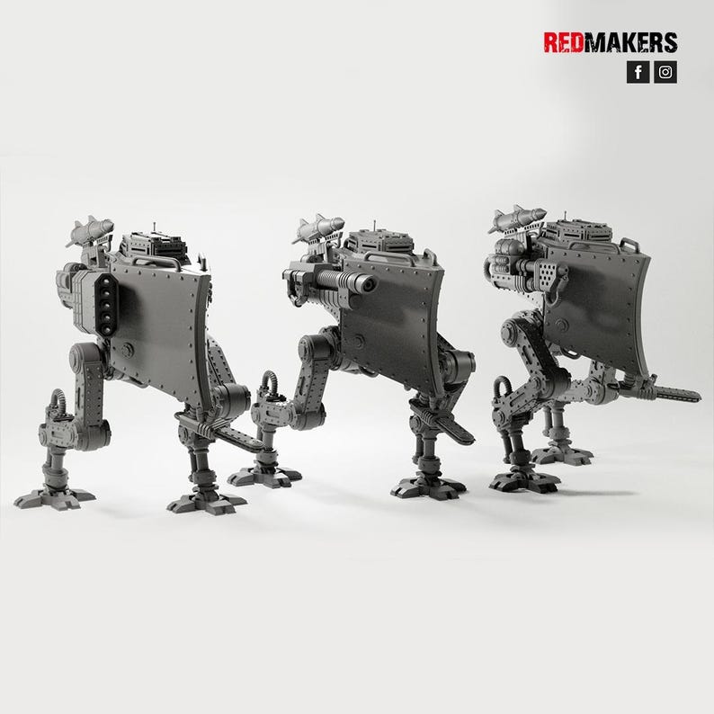 May include: Three gray, mechanical walker models with shield-like structures and missile attachments. The models have articulated legs and detailed mechanical components. The Redmakers logo is visible in the top right corner.