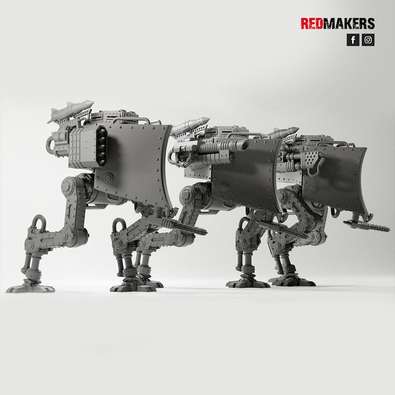 May include: Three gray, mechanical walker models with large shields and weapon attachments. Each walker has articulated legs, a central body, and missile launchers. The "REDMAKERS" logo is in the top right corner.