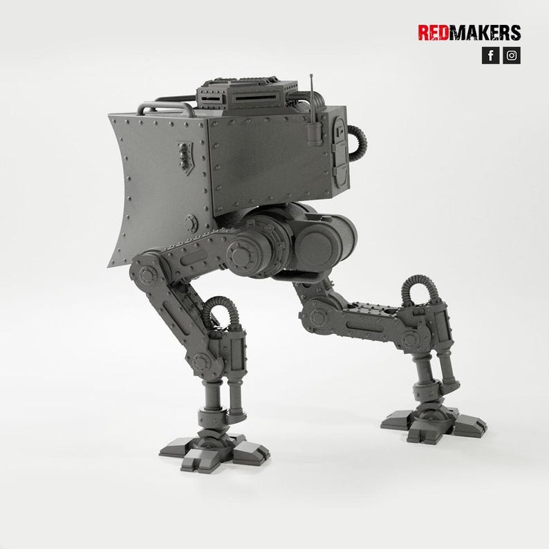 May include: A gray, mechanical walker model with a boxy body, articulated legs, and a detailed head. The model has rivets and other mechanical details. The Redmakers logo is in the top right corner.