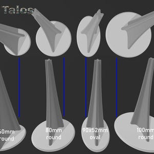 May include: A diagram of resin base and stem packs for miniature models. The image shows various stem and base designs, including 5" and 6" high stems, with measurements in inches and millimeters. Available in translucent clear, blue, and standard grey.