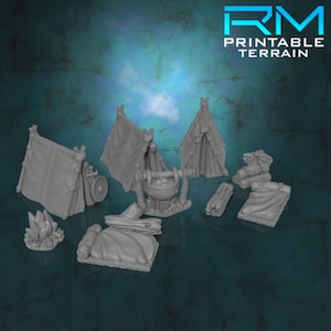 Uffmoor camp | RM Printable | 11 pieces of 32mm scale tabletop RPG campsite terrain