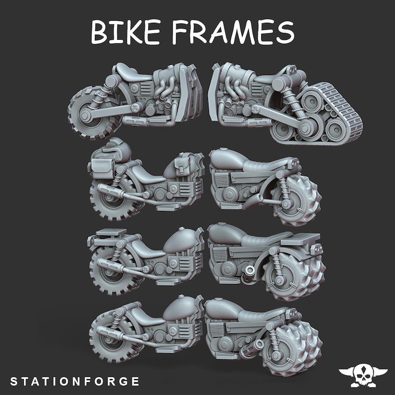 May include: A set of six 3D printed motorcycle frames, each with a different design. The frames are all in a gray color and are shown from different angles. The frames are labeled "BIKE FRAMES" and "STATIONFORGE".
