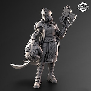 May include: A detailed grayscale miniature figure of a female character in a military-style uniform, holding a futuristic gun and a large mechanical gauntlet with a skull design. The figure wears a hat and boots with multiple buckles.