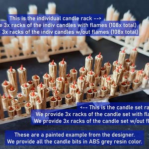 May include: A collection of beige candle models with red flame tips, arranged on racks. The image shows multiple sets of candles, some with flames and some without. The text indicates the product is candle base and terrain bits.