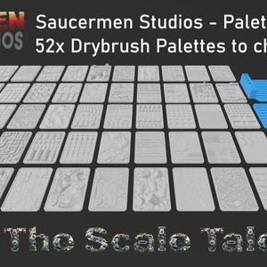 May include: A collection of 52 drybrush palettes from Saucermen Studios, with a variety of textures and designs. Each palette measures approximately 5.5 x 4 x 0.35 inches. The image also shows 5 holders. The text reads "Palette Set 2".