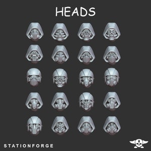 May include: A set of 20 3D printed heads for miniature figures. The heads feature different styles of helmets and gas masks. The heads are all in a gray color.