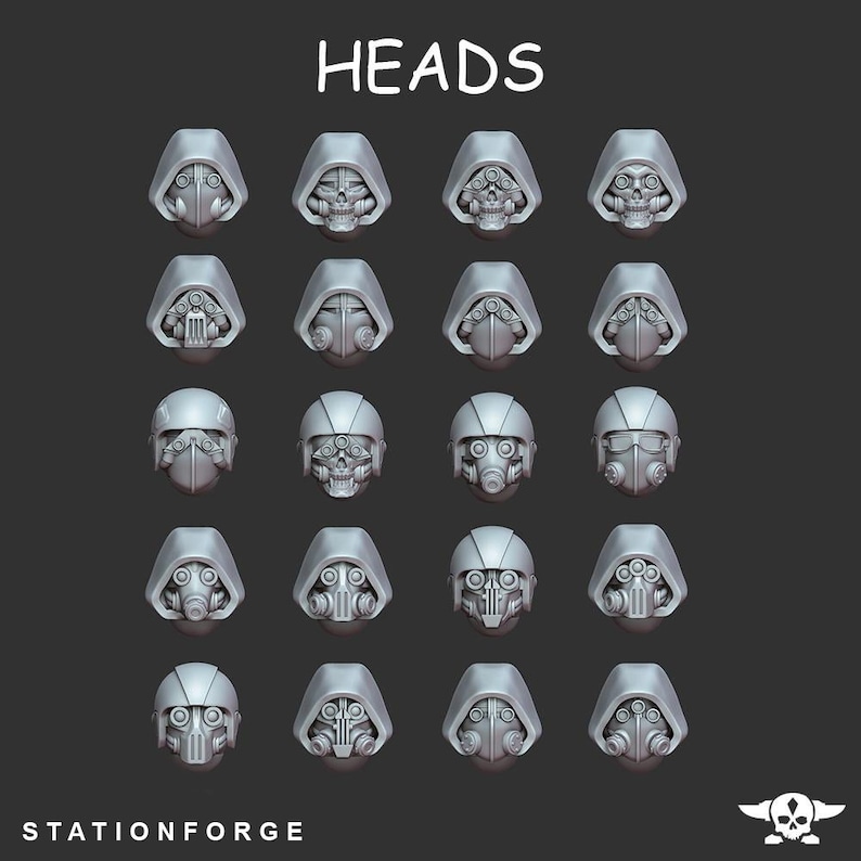 May include: A set of 20 3D printed heads for miniature figures. The heads feature different styles of helmets and gas masks. The heads are all in a gray color.