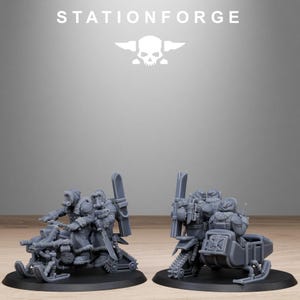 May include: Two gray miniature figures of a snowmobile with a driver and passenger, and a second snowmobile with a passenger. The figures are on a black base. The text "STATIONFORGE" and a skull logo are at the top.