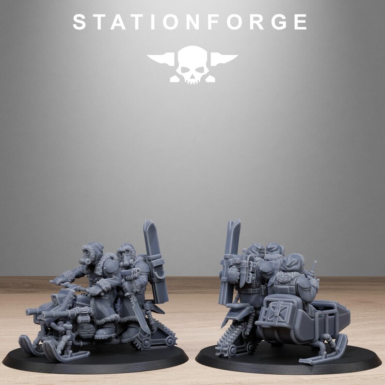 May include: Two gray miniature figures of a snowmobile with a driver and passenger, and a second snowmobile with a passenger. The figures are on a black base. The text "STATIONFORGE" and a skull logo are at the top.