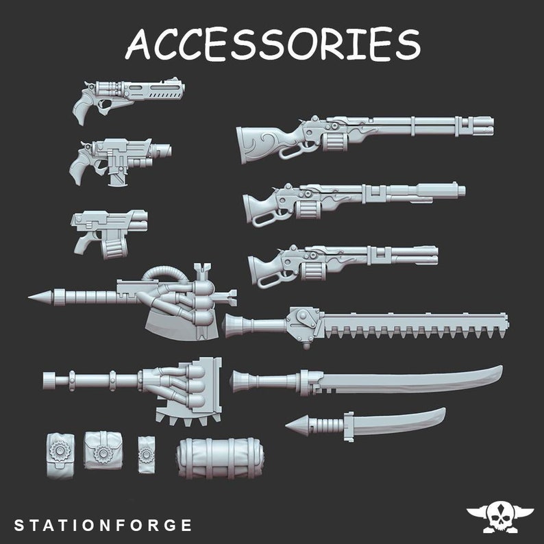 May include: A set of 3D printed accessories for tabletop games, including guns, swords, and pouches. The accessories are in a gray color and have a detailed design.