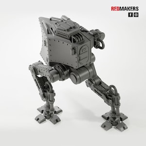 May include: A gray, mechanical walker model with detailed rivets, panels, and articulated legs. The model has a boxy body with a top-mounted structure and is set against a white background. The text "REDMAKERS" is visible.