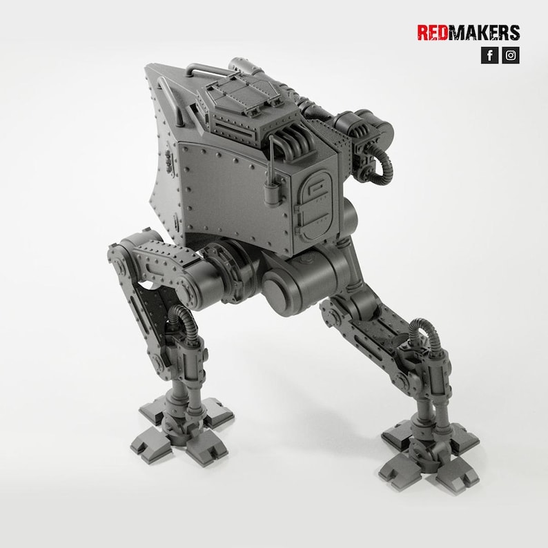 May include: A gray, mechanical walker model with detailed rivets, panels, and articulated legs. The model has a boxy body with a top-mounted structure and is set against a white background. The text "REDMAKERS" is visible.