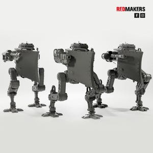 May include: Three gray, mechanical walker models with detailed armor plating and weapon attachments. The models have articulated legs and a central shield. The Redmakers logo is in the top right corner.
