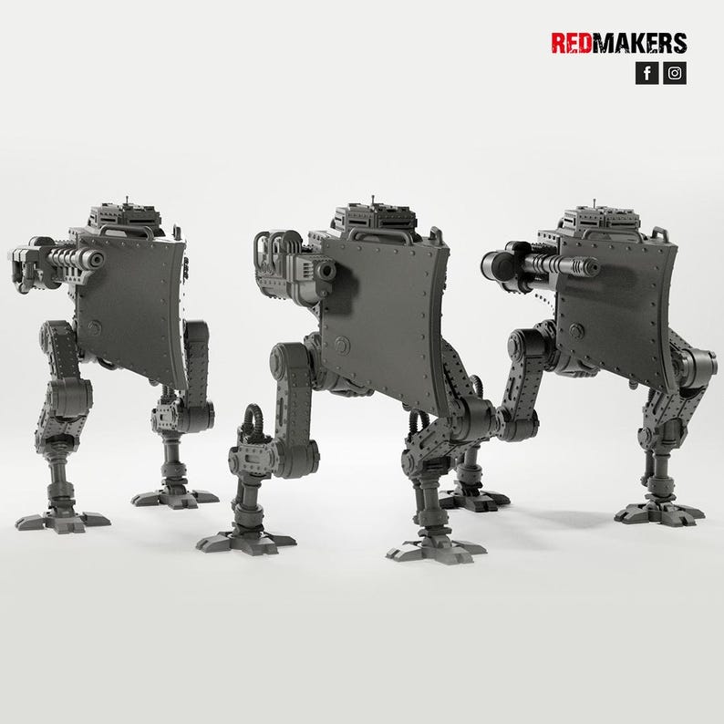May include: Three gray, mechanical walker models with detailed armor plating and weapon attachments. The models have articulated legs and a central shield. The Redmakers logo is in the top right corner.