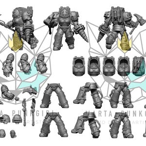 May include: A collection of gray 3D-printed miniature figures and components, including armored warriors with various weapons, legs, arms, and helmets. The image includes the text "MARTA PUNK GIRL 3D DESIGN ARTIST".