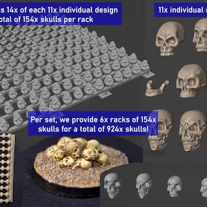 May include: An image showcasing a collection of miniature skull designs. The image displays multiple racks of skulls, each containing 154 pieces, and a variety of individual skull models. The text indicates the product is for skull base and terrain bits.