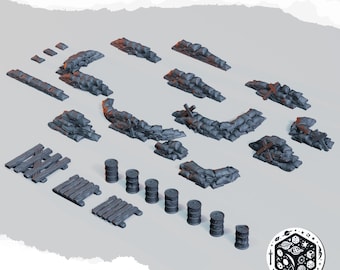 Trench Sandbags and Barrels | Diceverse | 26x 32mm scale scatter FDM print terrain pieces | Barrels, wood and sandbag cover