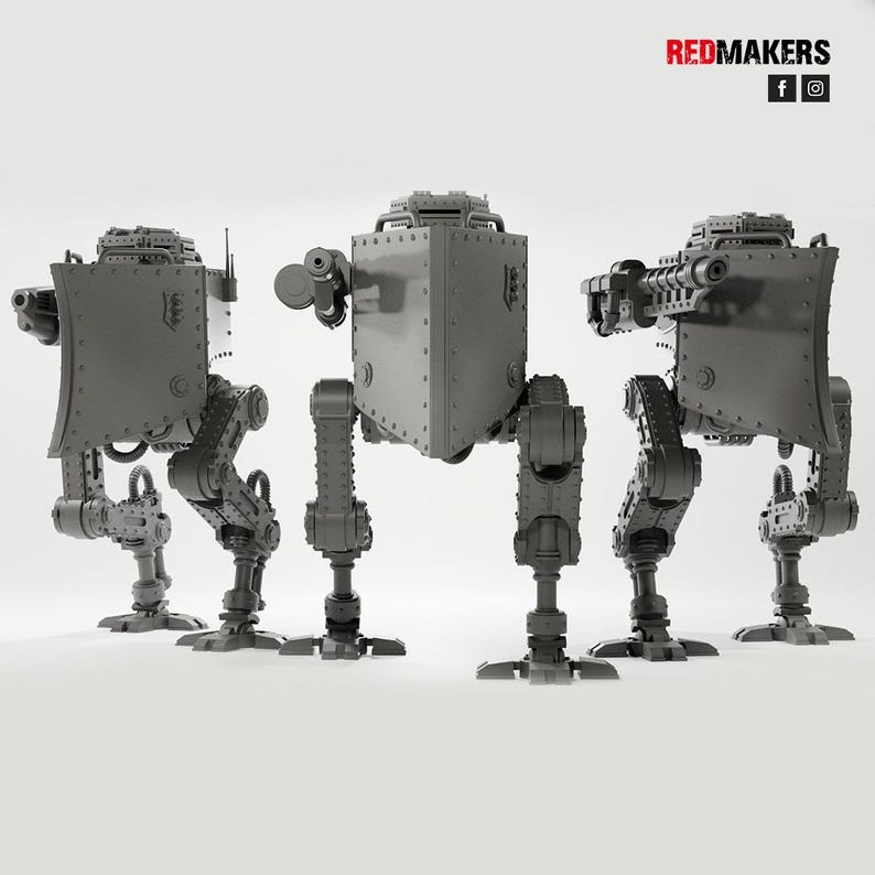 May include: Three gray, mechanical war machines with box-like bodies, articulated legs, and weapon attachments. The machines have a futuristic, industrial design, with rivets and detailed components. The Redmakers logo is visible in the top right corner.