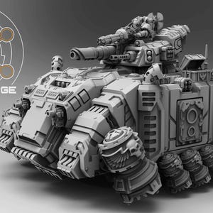 May include: A grayscale model of a futuristic tank with a large cannon and multiple smaller turrets. The tank has a detailed, mechanical design with visible treads and the text "ATLAN FORGE" in the upper left corner.