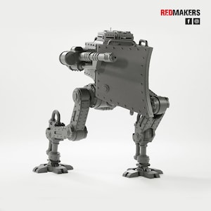 May include: A gray, mechanical walker with a shield and gun attachments. The model has articulated legs and a detailed, industrial design. The text "REDMAKERS" is visible in the upper right corner.