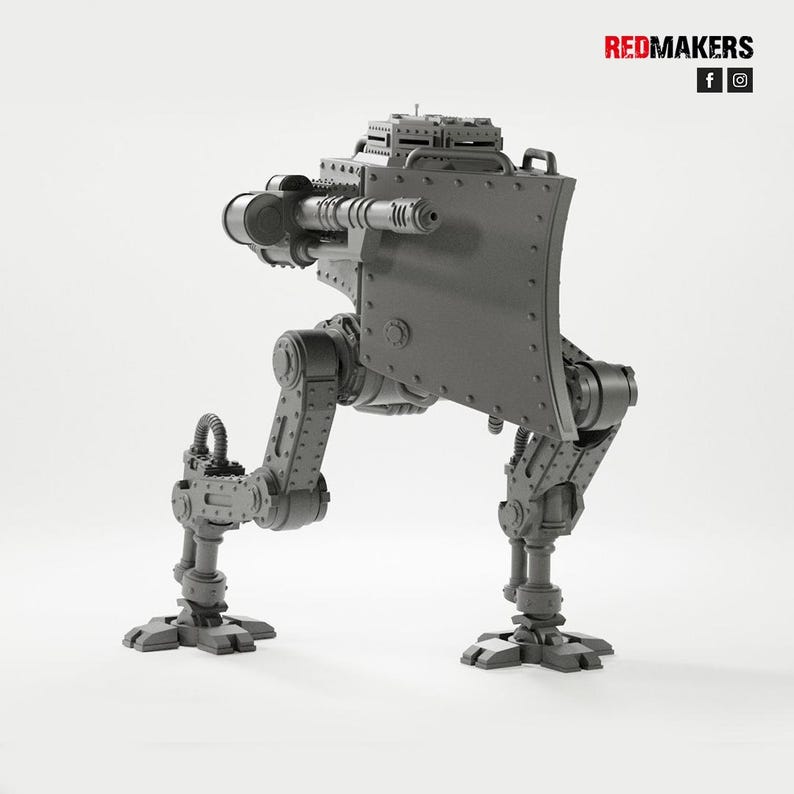 May include: A gray, mechanical walker with a shield and gun attachments. The model has articulated legs and a detailed, industrial design. The text "REDMAKERS" is visible in the upper right corner.