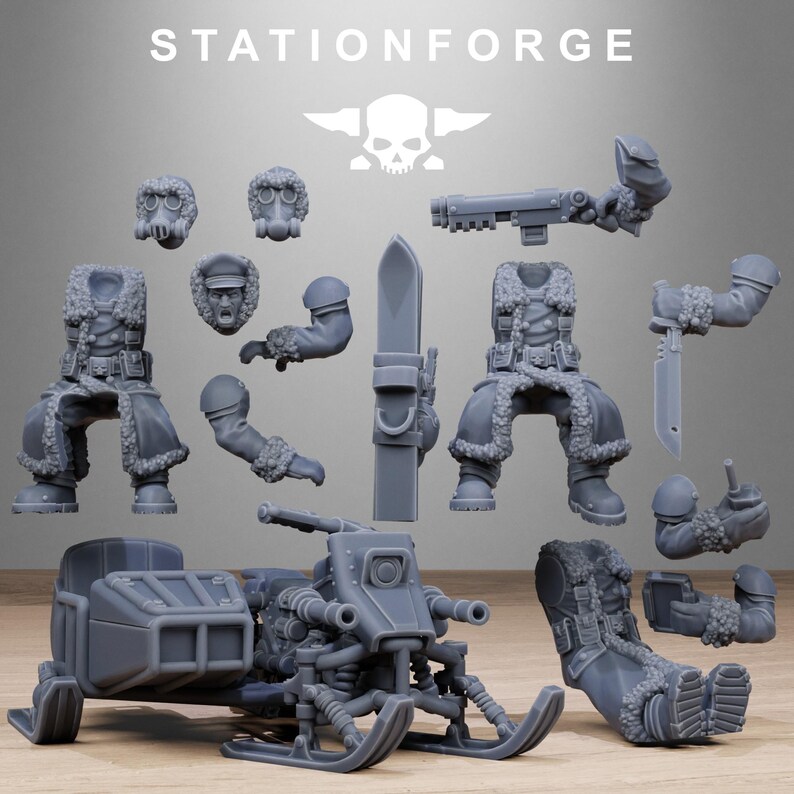 May include: A collection of gray miniature figurines and a snowmobile. The figurines include various body parts, such as arms, legs, and torsos, along with a few heads and a weapon. The snowmobile has a detailed design with skis and a front-mounted gun. The text "STATIONFORGE" is at the top.