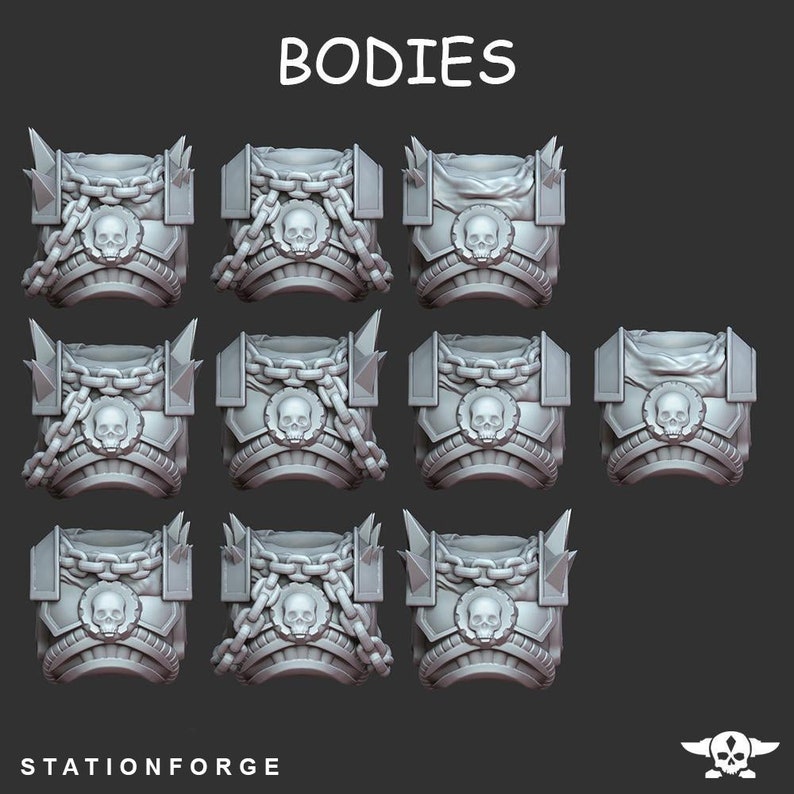 May include: Nine 3D printed plastic models of a skeletal torso with chains and a skull emblem. The models are labeled "BODIES" at the top of the image. The models are for use in tabletop games or miniature painting.