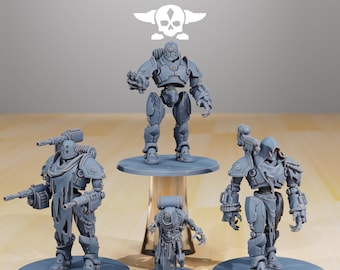 May include: Four gray metal robot miniatures on circular bases. The robots are posed in various action stances. The robots are part of a tabletop game or role-playing game.